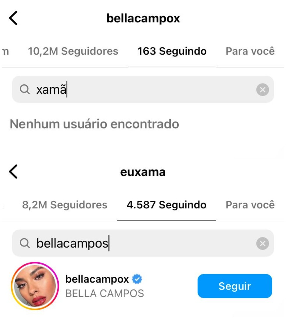 Bella Campos para de seguir Xam&atilde; no Instagram &mdash; Foto: reprodu&ccedil;&atilde;o / instagram