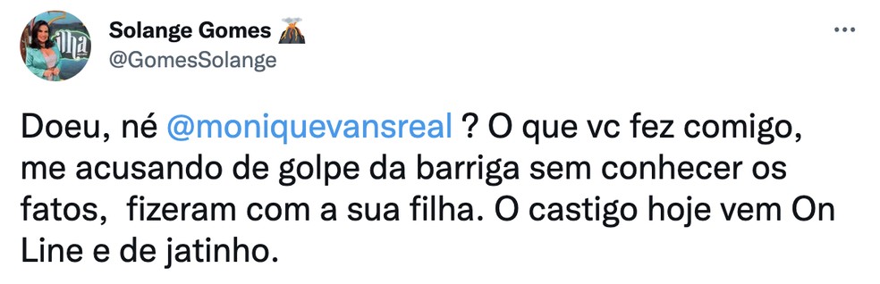 Solange Gomes comentou em seu Twitter sobre Bárbara Evans ter sido chamada de "golpista" — Foto: Reprodução / Twitter