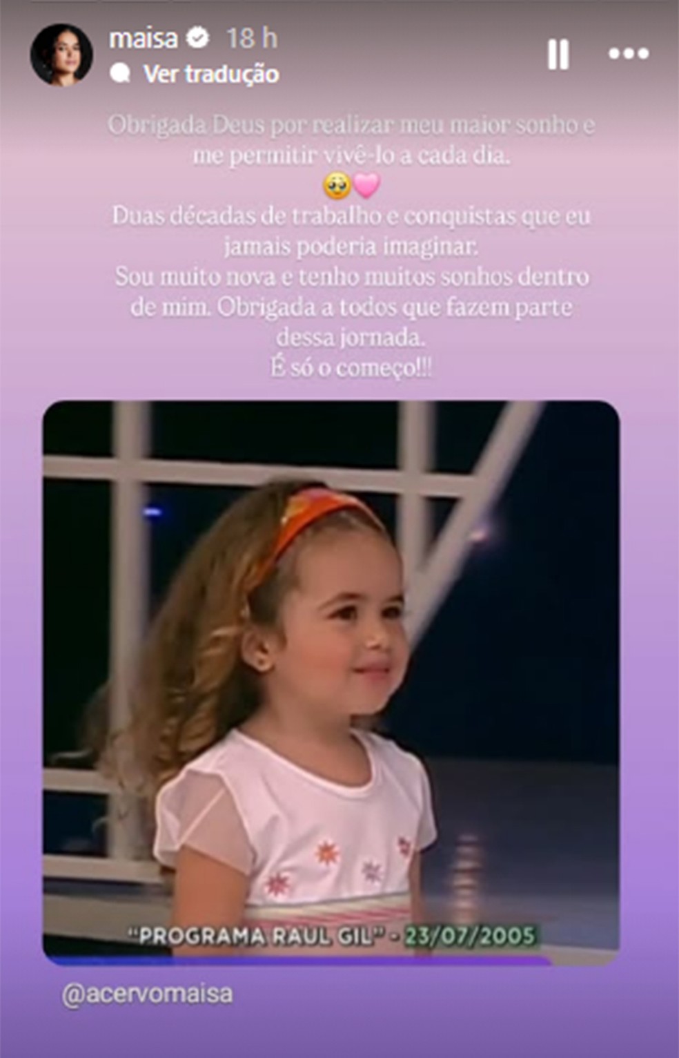 Maisa fala de seus 20 anos de carreira &mdash; Foto: Reprodu&ccedil;&atilde;o/Instagram