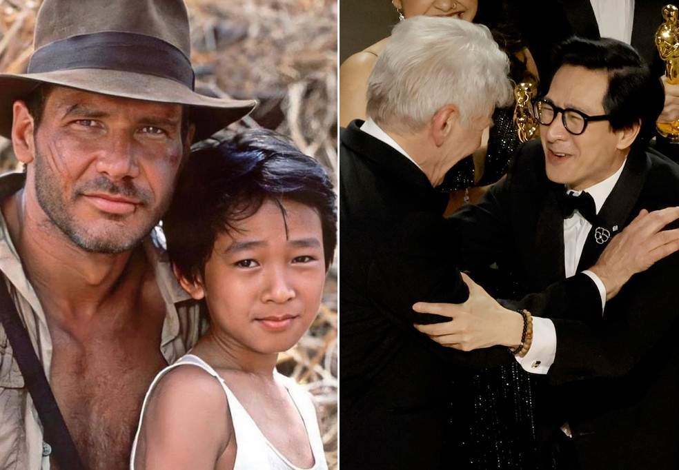 Ke Huy Quan e Harrison Ford em 'Indiana Jones e o Templo da Perdição' (1984) e no Oscar 2023 — Foto: Paramount Pictures e Lucasfilmes/Divulgação e Getty Images