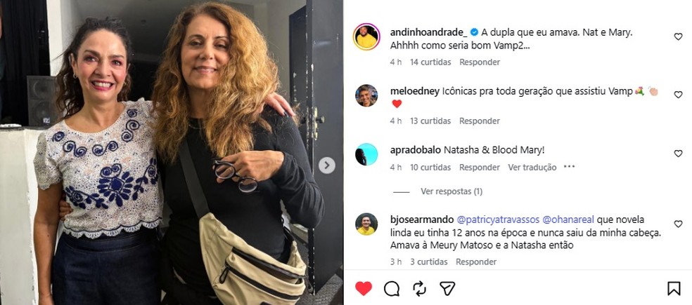 Encontro de Claudia Ohana e Patricya Travassos rende comentários carinhosos do público — Foto: Reprodução/Instagram