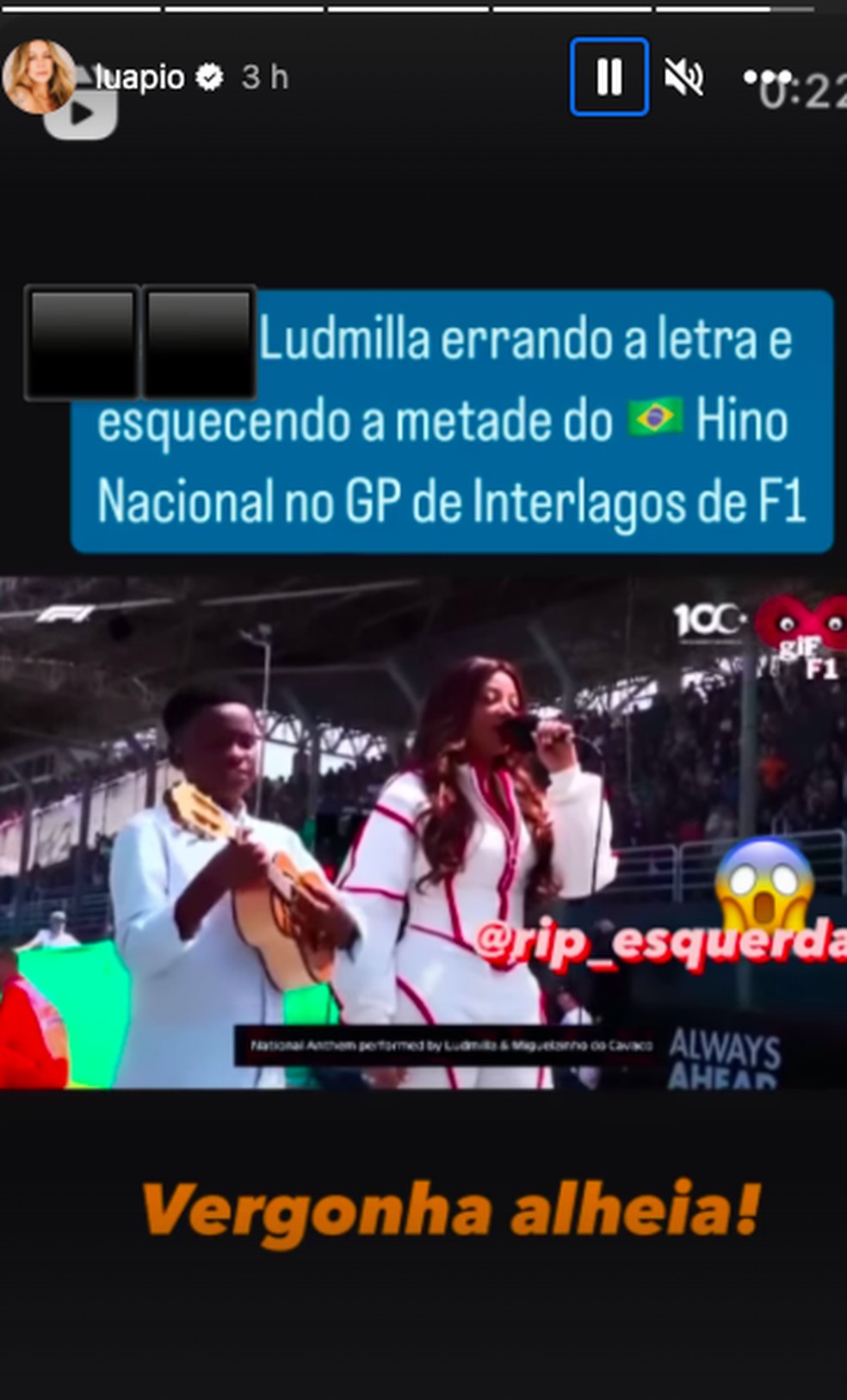 Luana Piovani acaba com Ludmilla por causa do hino nacional: “Vergonha  alheia”