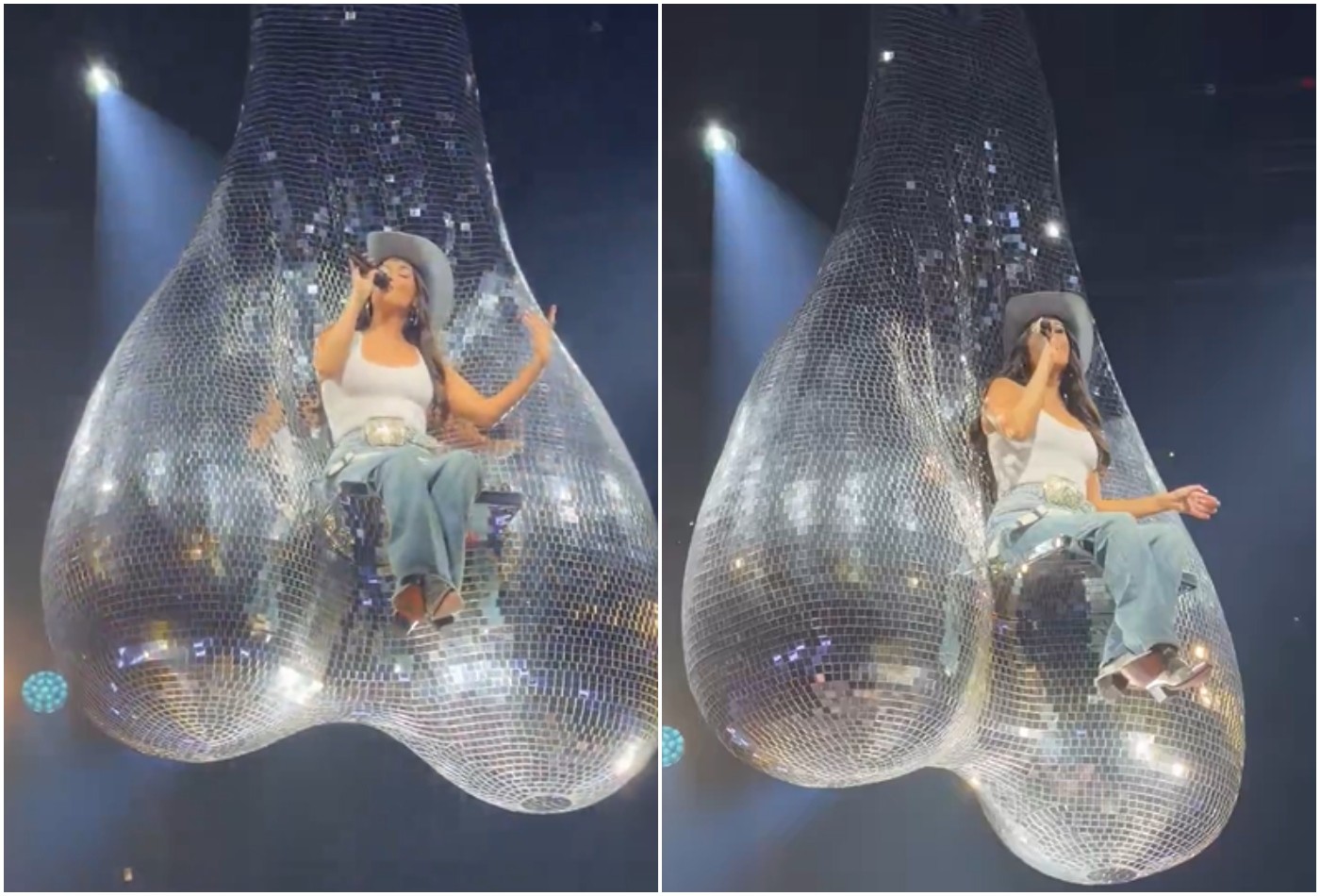 Estrela country viraliza ao surgir sentada em globo inusitado durante show: 