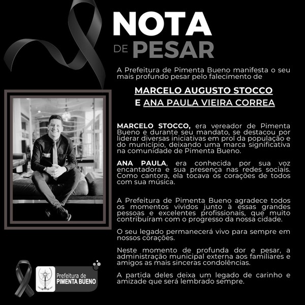 Prefeitura de Pimenta Bueno lamenta mortes de Ana Paula Vieira e Marcelo Stocco — Foto: Reprodução/Instagram