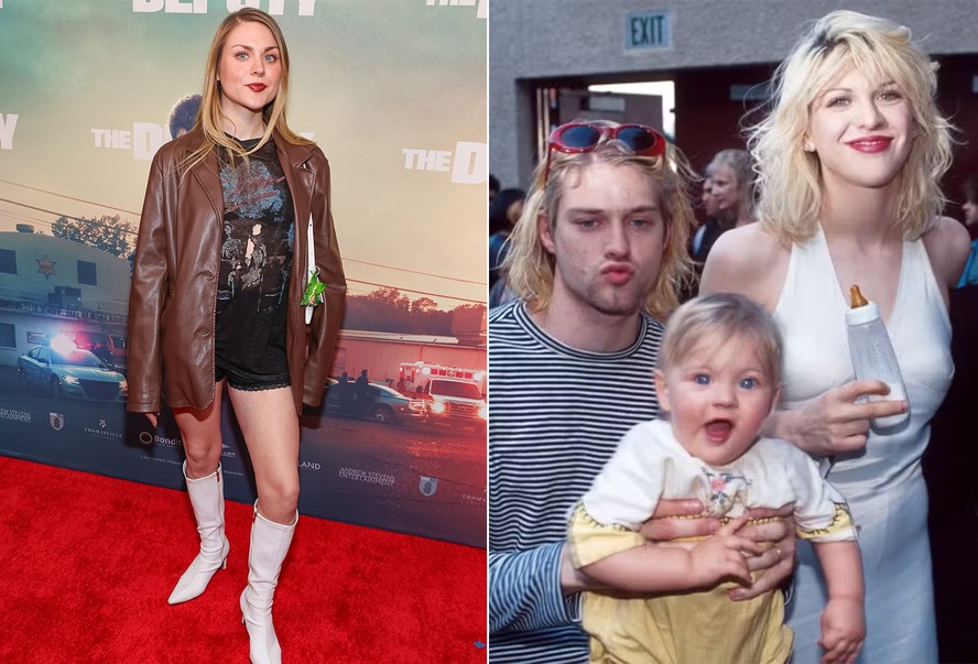 Frances Bean, filha de Kurt Cobain (1967-1994) e Courtney Love, atualmente e com os pais ainda bebê