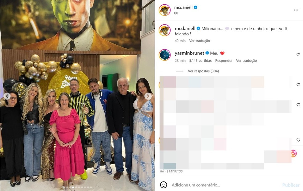 Coment&aacute;rio de Yasmin Brunet na foto de Mc Daniel &mdash; Foto: reprodu&ccedil;&atilde;o/instagram