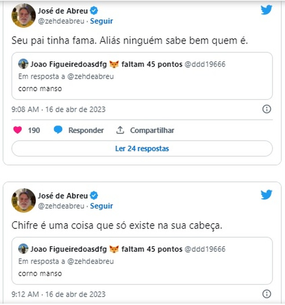 José de Abreu responde internauta — Foto: Reprodução/Twitter
