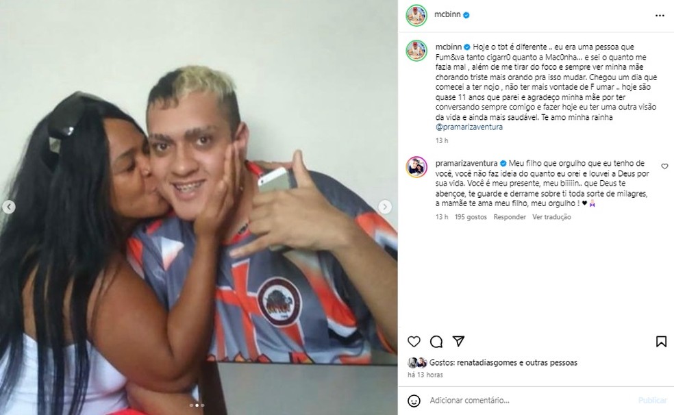 MC Binn conta que a pastora Mariza Ventura, que o adotou aos 18 anos, foi responsável para que deixasse o vício — Foto: Reprodução/Instagram