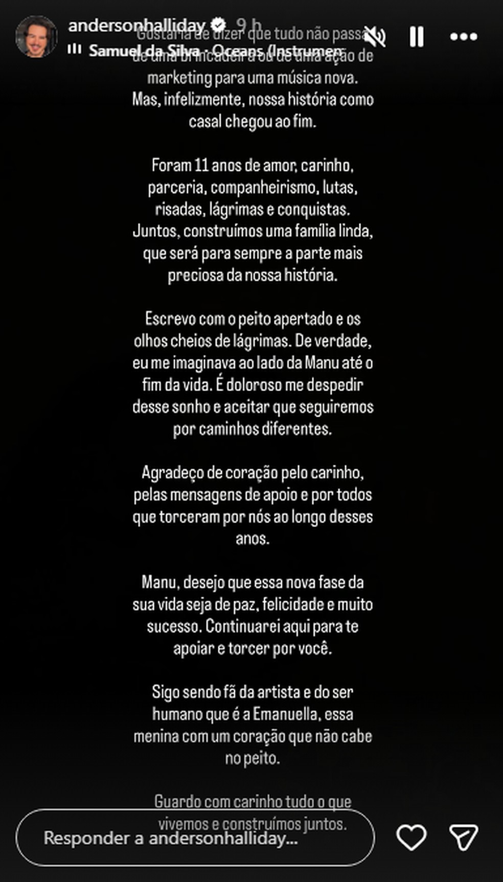 Anderson Halliday quebra silêncio após Manu Bahtidão anunciar fim do casamento deles — Foto: Reprodução/Instagram