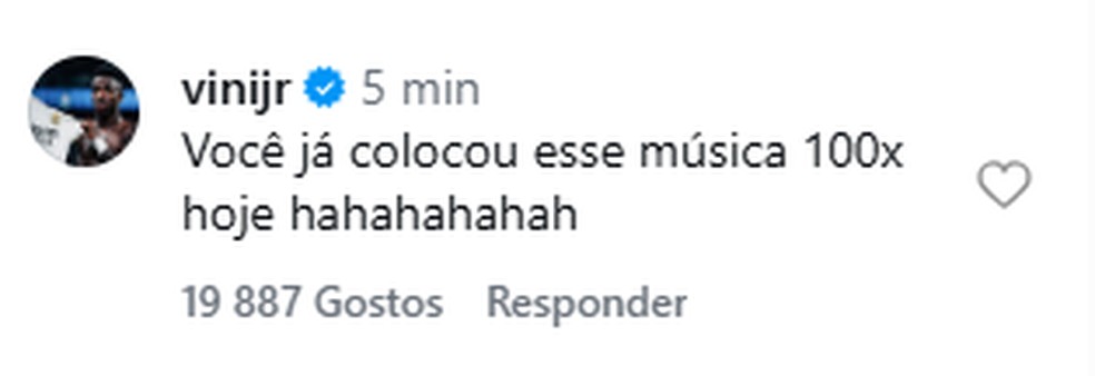 Vini Jr. reage a v&iacute;deo de Virginia dan&ccedil;ando pagode para ele &mdash; Foto: Reprodu&ccedil;&atilde;o/Instagram