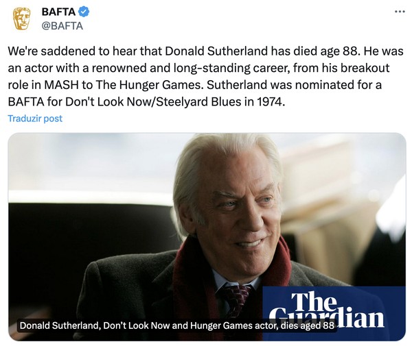 Hollywood reage a morte de Donald Sutherland