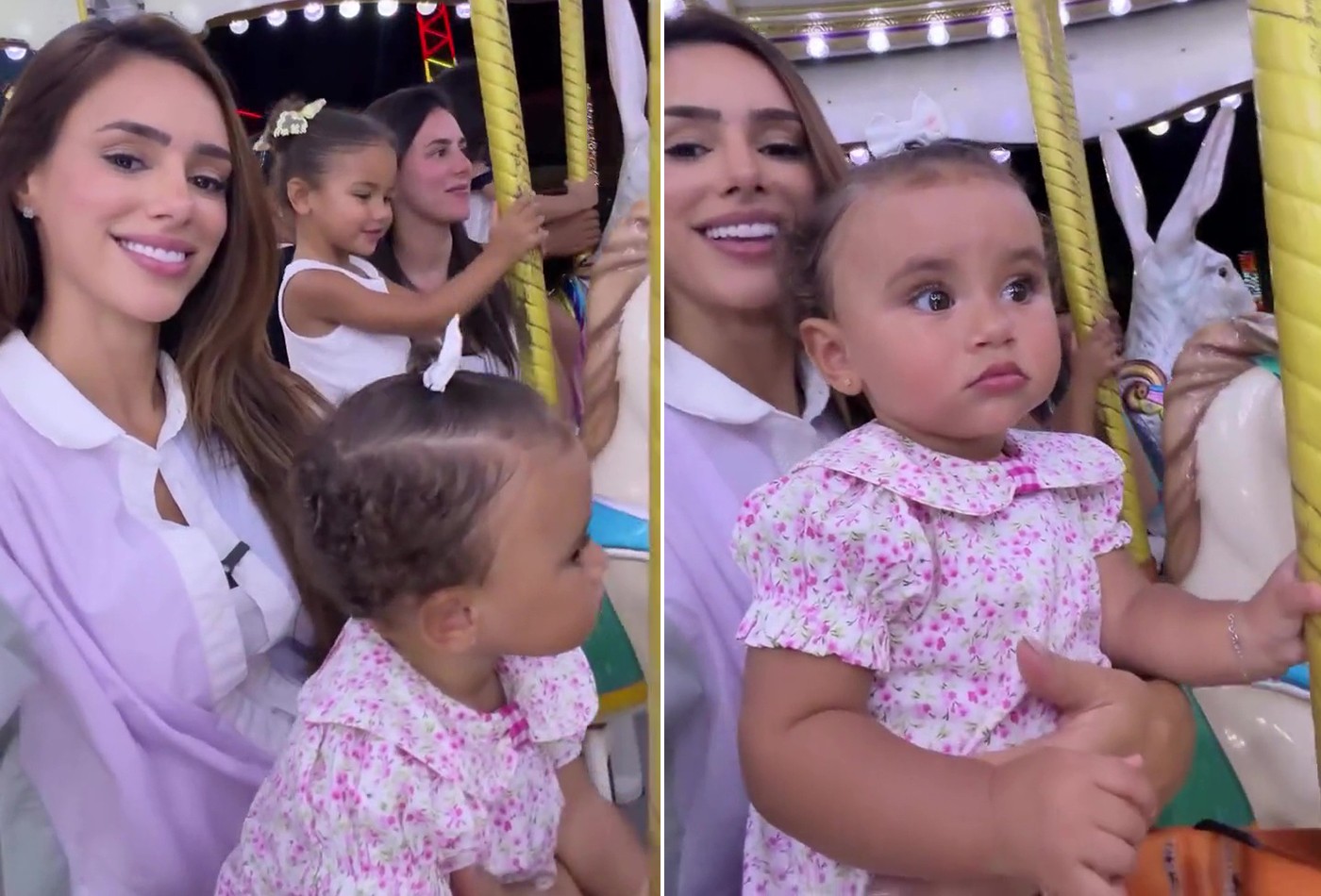 Grávida, Bruna Biancardi brinca em carrossel com Mavie e Mel em parque de Orlando