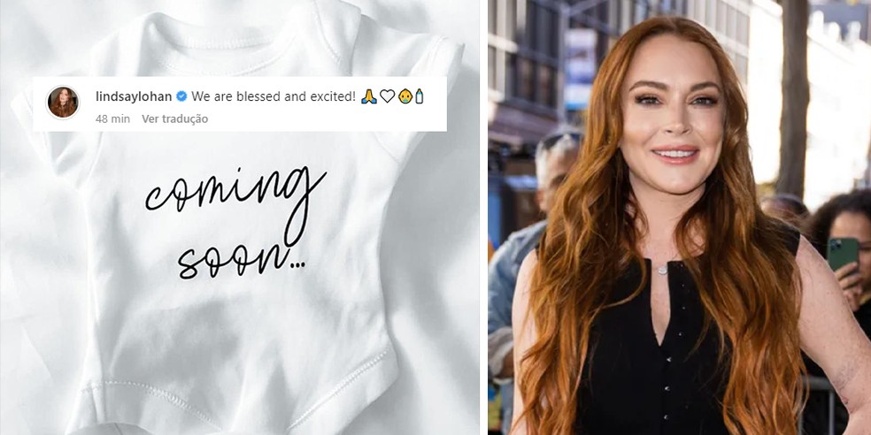 Lindsay Lohan anuncia gravidez em suas redes sociais — Foto: Reprodução/Instagram e Getty Images