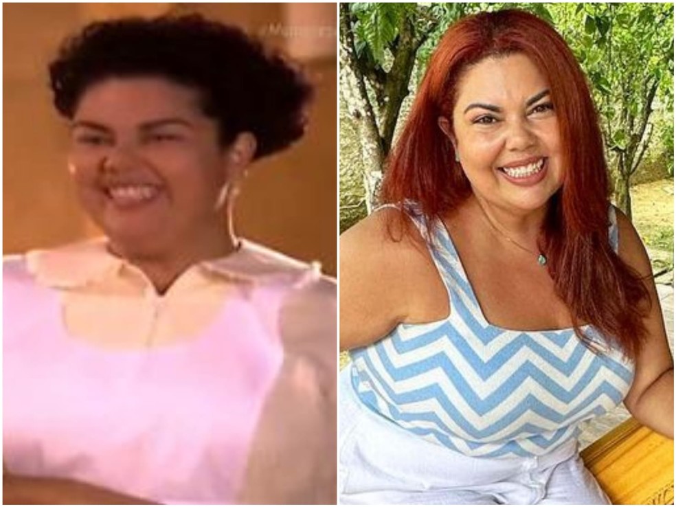 Antes e depois: Fabiana Karla, como Célia, em Mulheres Apaixonadas (Globo, 2003), e com visual atual — Foto: TV Globo e Reprodução/Instagram