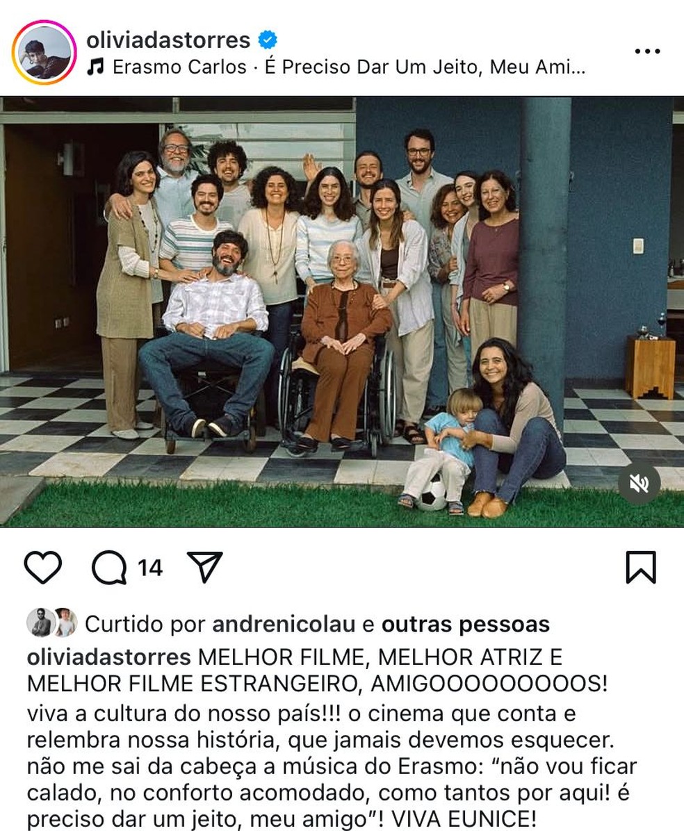 Oíivia Torres celebra indicações ao Oscar 2025 com 'Ainda Estou Aqui' — Foto: Reprodução/Instagram