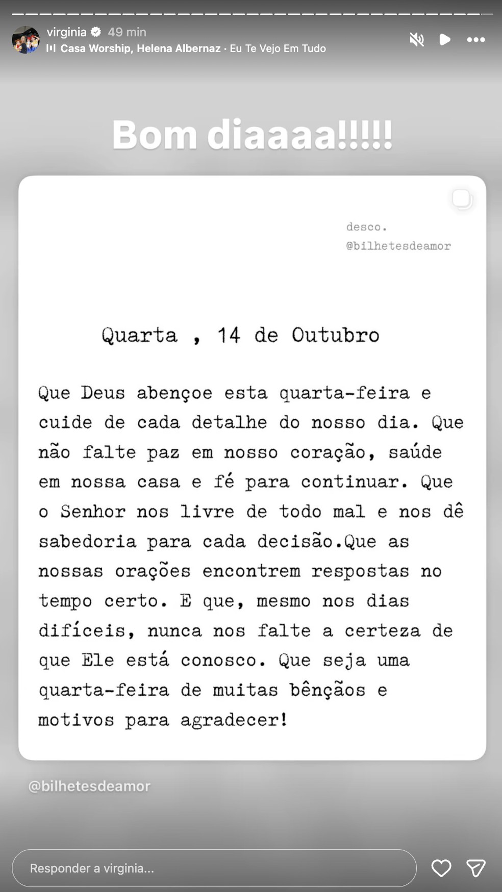 Mensagem de Virginia Fonseca na manhã desta quarta (14) — Foto: Reprodução/Instagram