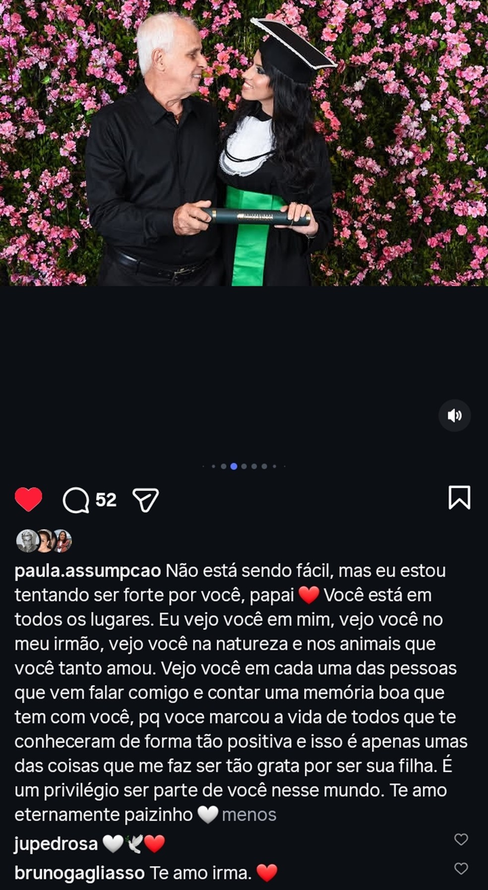Paula Assumpção, irmã de Bruno Gagliasso, lamenta a morte do pai, Paulo Marques — Foto: Reprodução/Instagram