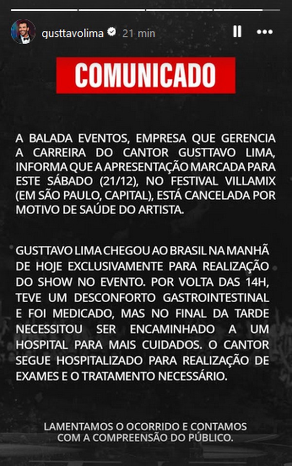 Equipe de Gusttavo Lima divulga comunicado no Instagram  Foto: Reproduo/Instagram