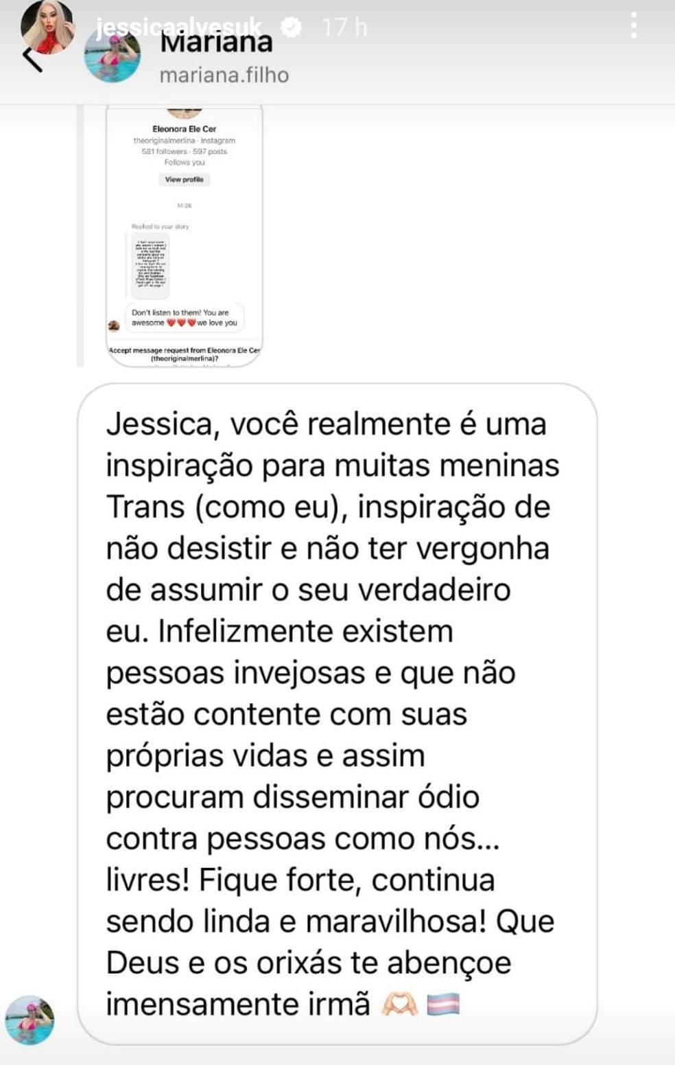Jessica Alves recebe apoio de fãs após sofrer ataques transfóbicos — Foto: Instagram