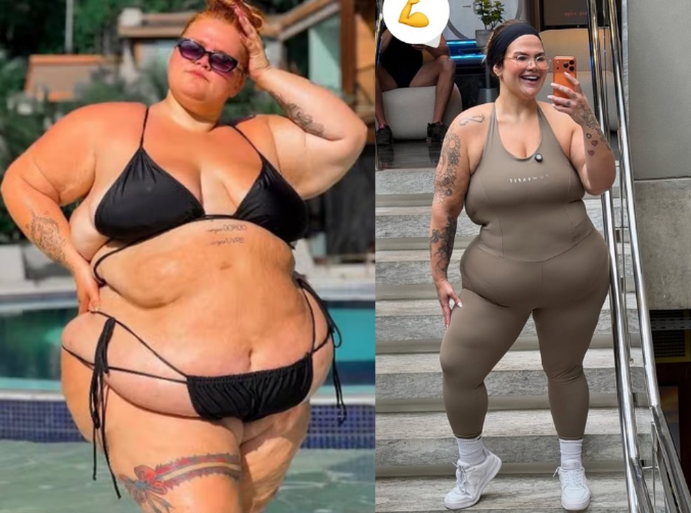 Antes e depois de Thais Carla iniciar processo de emagrecimento — Foto: Reprodução/Instagram