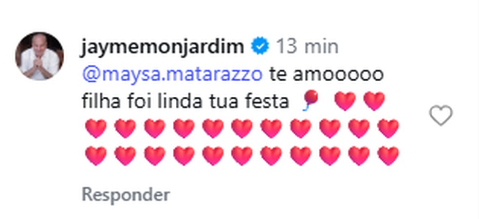 Jayme Monjardim escreve para filha, Maysa Matarazzo — Foto: Reprodução/Instagram