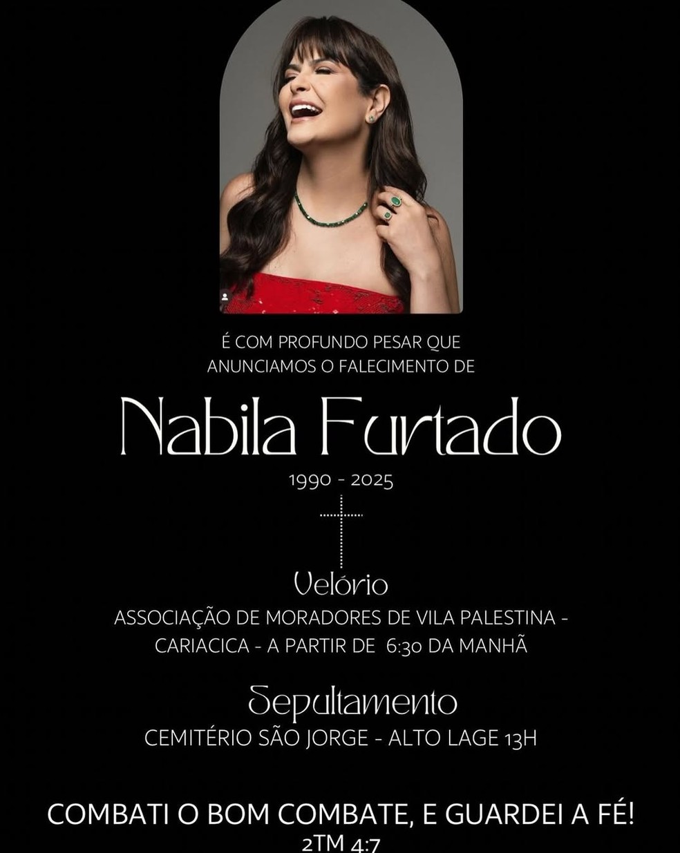 Nota de falecimento da miss Nabila Furtado — Foto: Reprodução/Instagram
