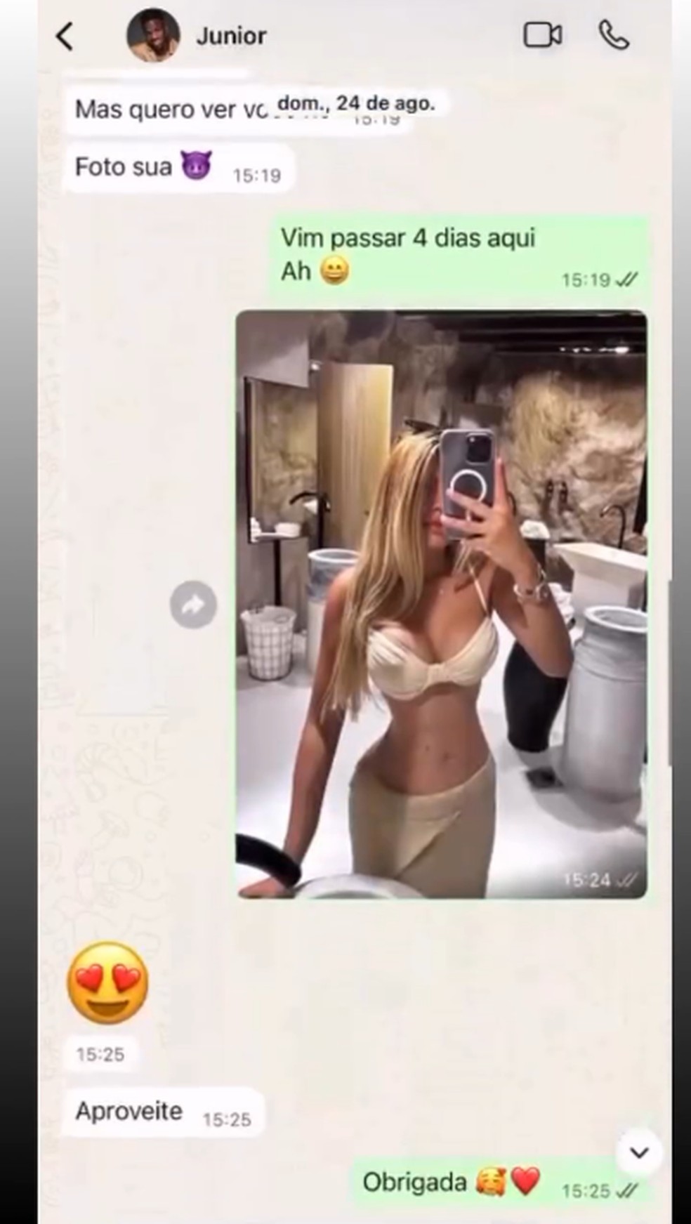 Modelo compartilha mensagens que teria trocado com Vini Jr. — Foto: Reprodução/Instagram