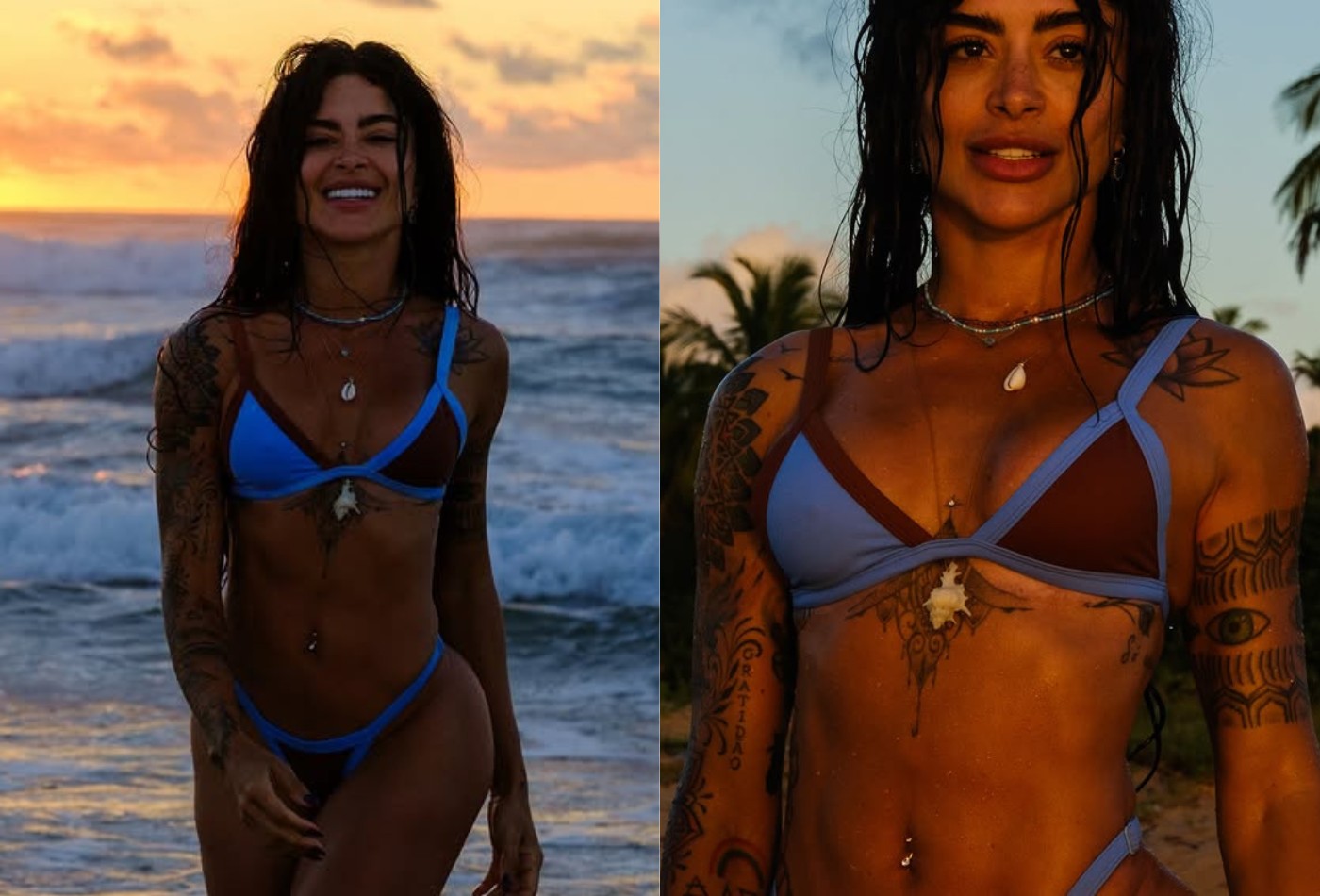 Aline Campos posa de biquíni bicolor em praia paradisíaca da Bahia: 