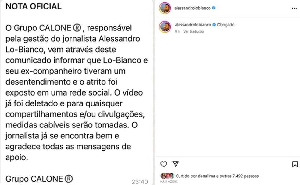 Equipe do jornalista Alessandro Lo-Bianco divulga comunicado — Foto: Reprodução/Instagram