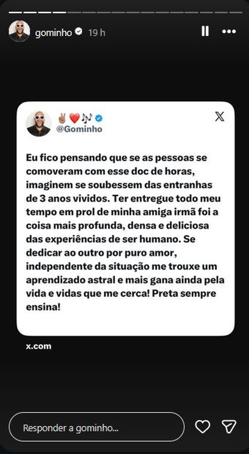 Gominho faz desabafo após repercussão de documentário sobre Preta Gil - Foto: Reprodução/Instagram