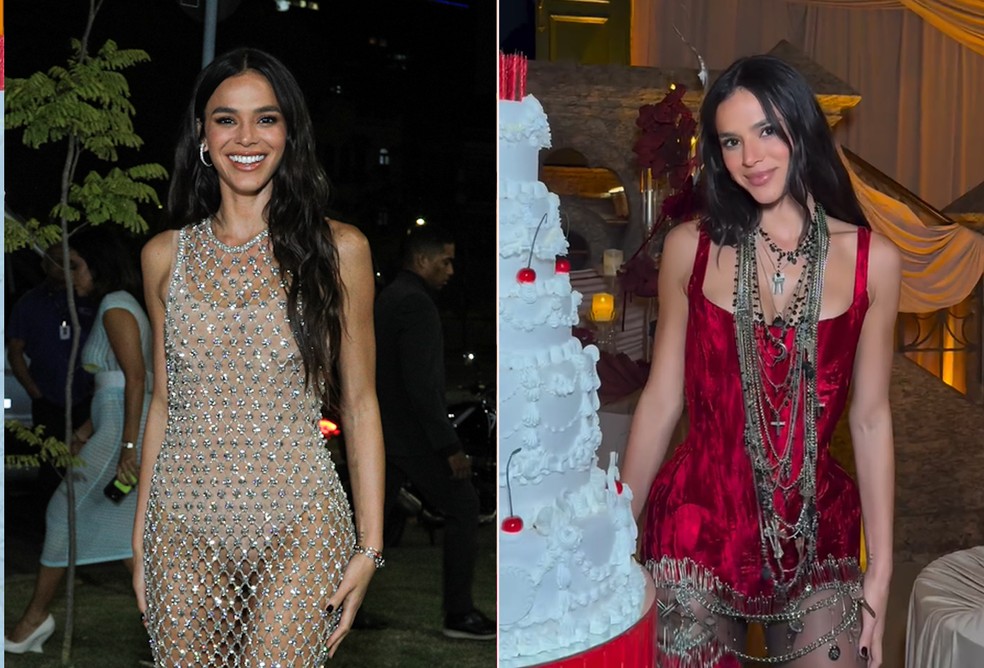 Bruna Marquezine troca de roupa em sua festa de 30 anos e posa ao lado de  bolo gigante; vídeo