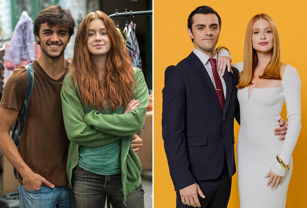 Felipe Simas e Marina Ruy Barbosa em 'Totalmente Demais' e atualmente na novela 'Fuzuê' — Foto: Divulgação/ TV Globo