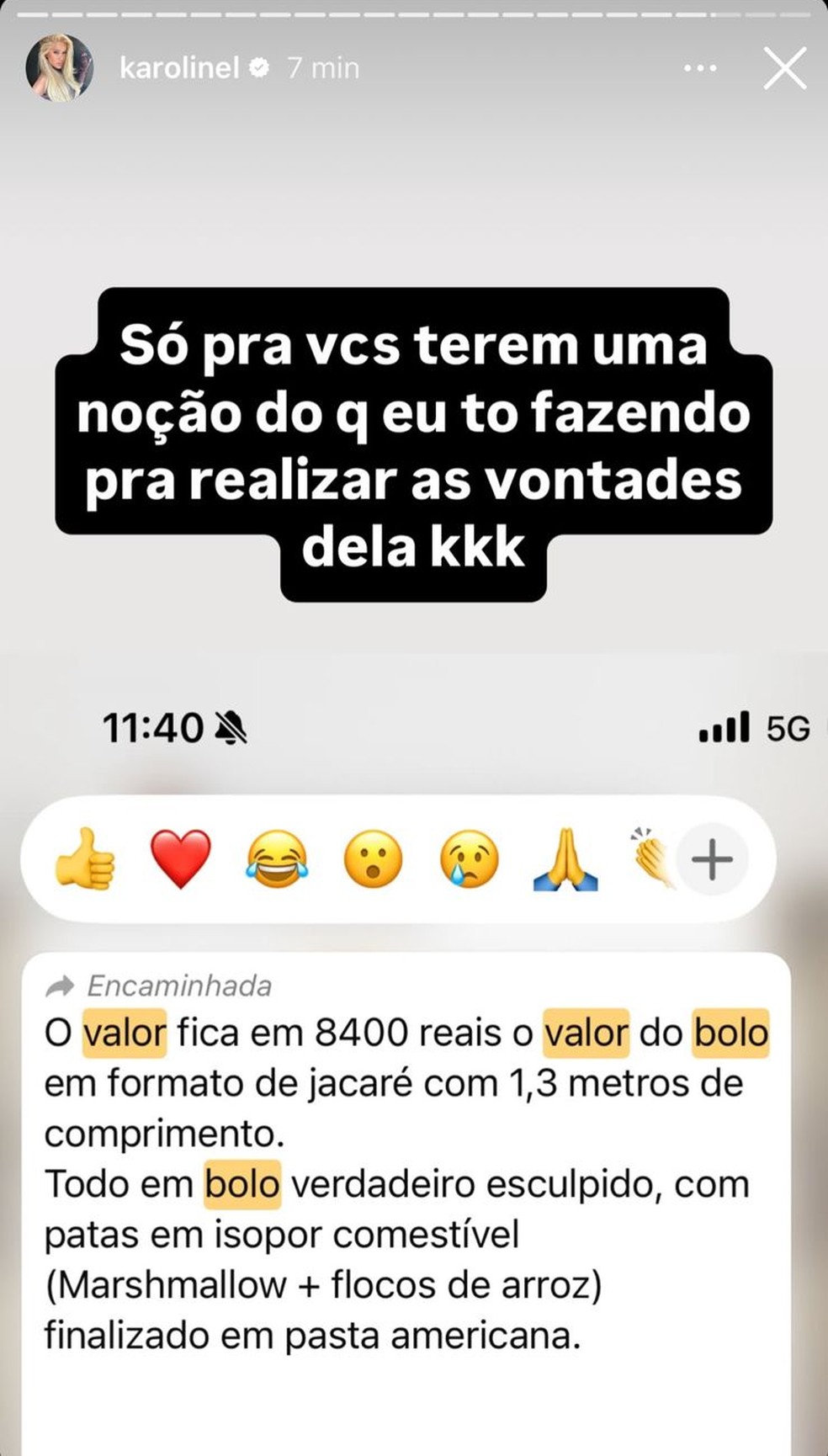 Karoline Lima diz que filha pediu bolo de jacaré — Foto: Reprodução/Instagram