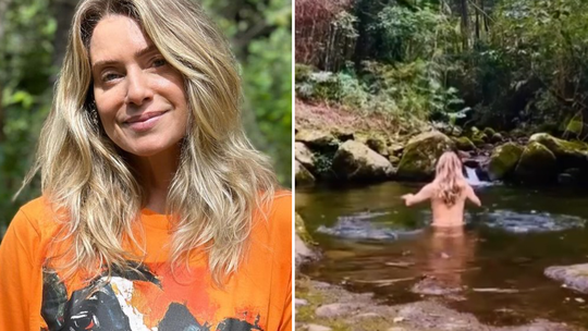 Nua, atriz Leticia Spiller toma banho de cachoeira; assista vídeo