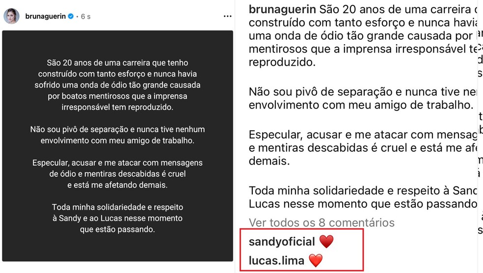 Bruna Guerin desabafa e recebe apoio de Sandy e Lucas Limas — Foto: Reprodução Instagram