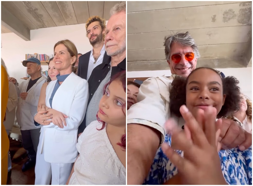 Deborah Bloch, o filho, Hugo, e o pai, Jonas Bloch, Olivier Anquier com a filha Olivia, no casamento de Jlia Anquier e Maria Beraldo  Foto: Reproduo/Instagram