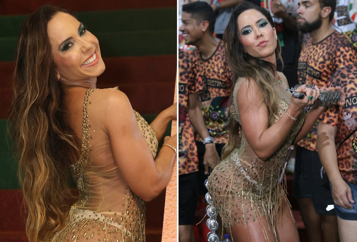 Mulher Melão usa look dourado transparente e fio-dental em ensaio da Grande Rio