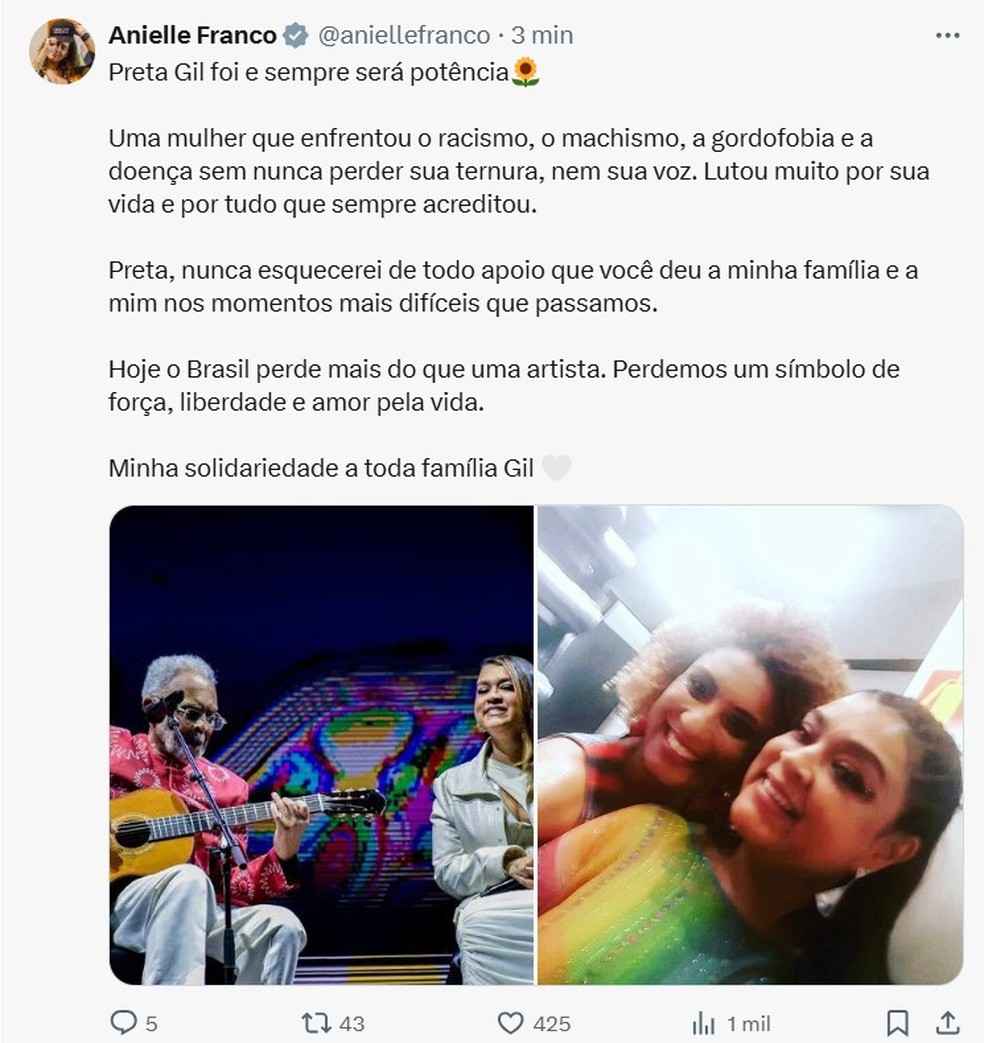 Anielle Franco se despede de Preta Gil &mdash; Foto: Reprodu&ccedil;&atilde;o/X