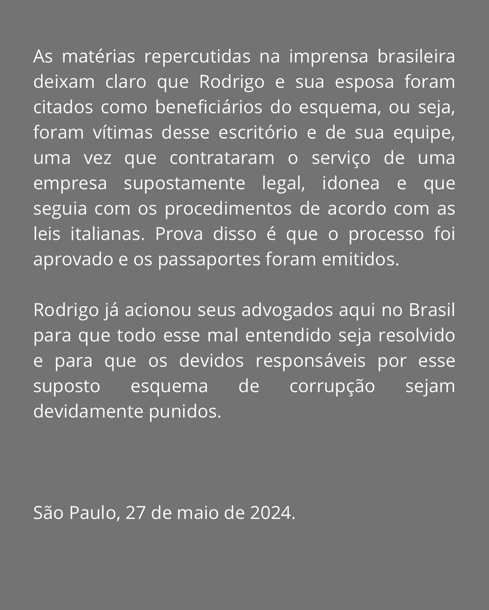 Rodrigo Faro se pronuncia após acusações de esquema de corrupção — Foto: Reprodução/Instagram