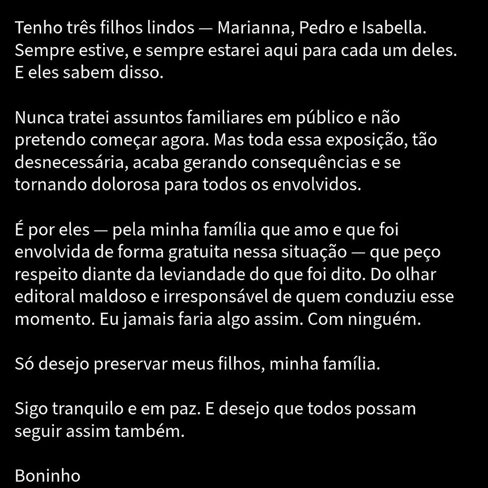 Boninho se manifesta após acusações de Narcisa — Foto: Reprodução/Instagram