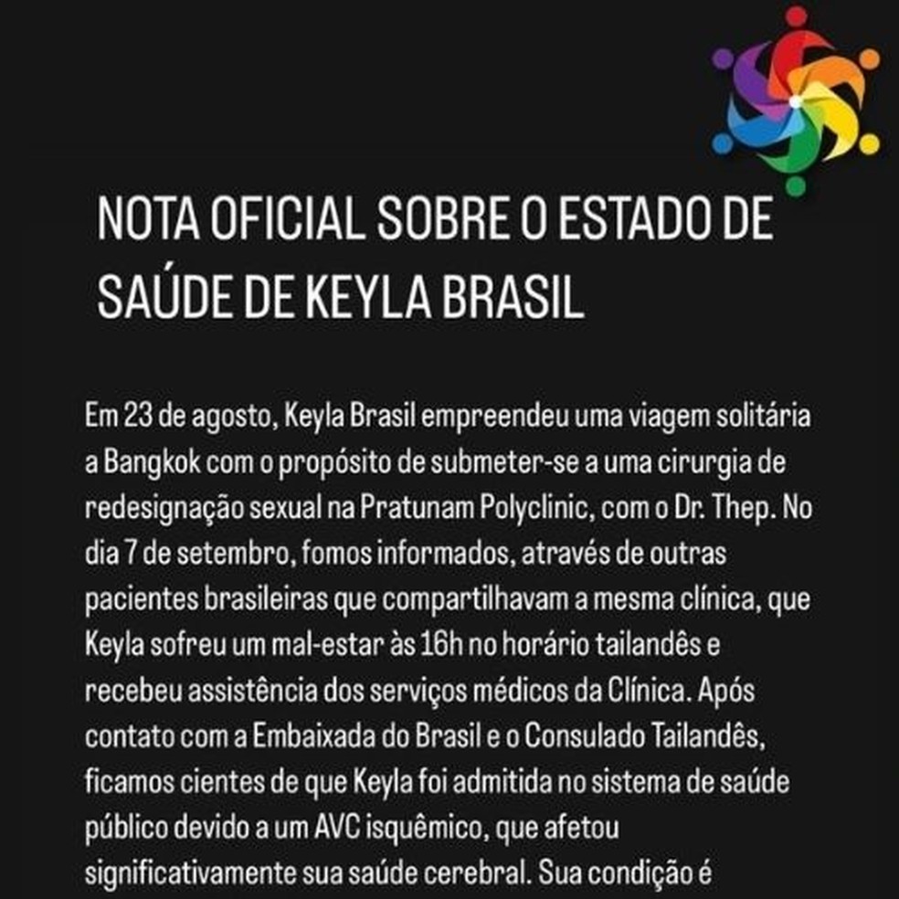 ONG faz atualização sobre estado de saúde de Keyla Brasil — Foto: Reprodução Instagram