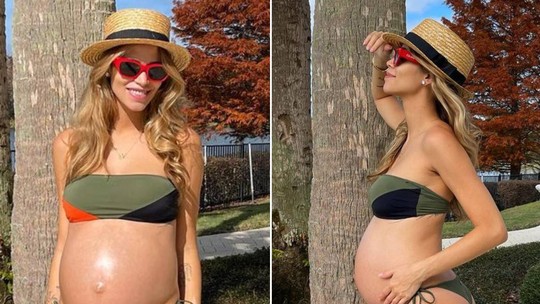 De biquíni, Carol Dias exibe barriga de 31 semanas de gravidez da segunda filha com Kaká
