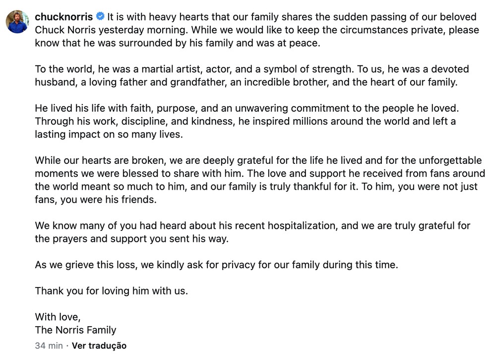 Publicação da família de Chuck Norris — Foto: Reprodução/Instagram