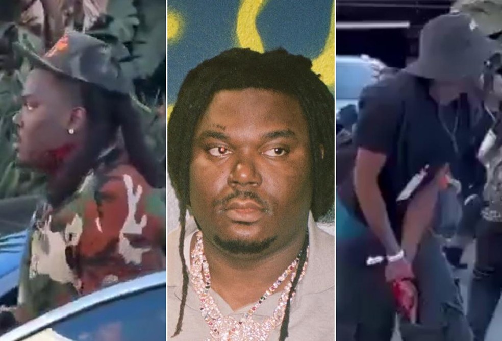 Rapper Lucki (esq e centro) é esfaqueado no rosto em ataque com quatro feridos — Foto: Reprodução/Instagram e X