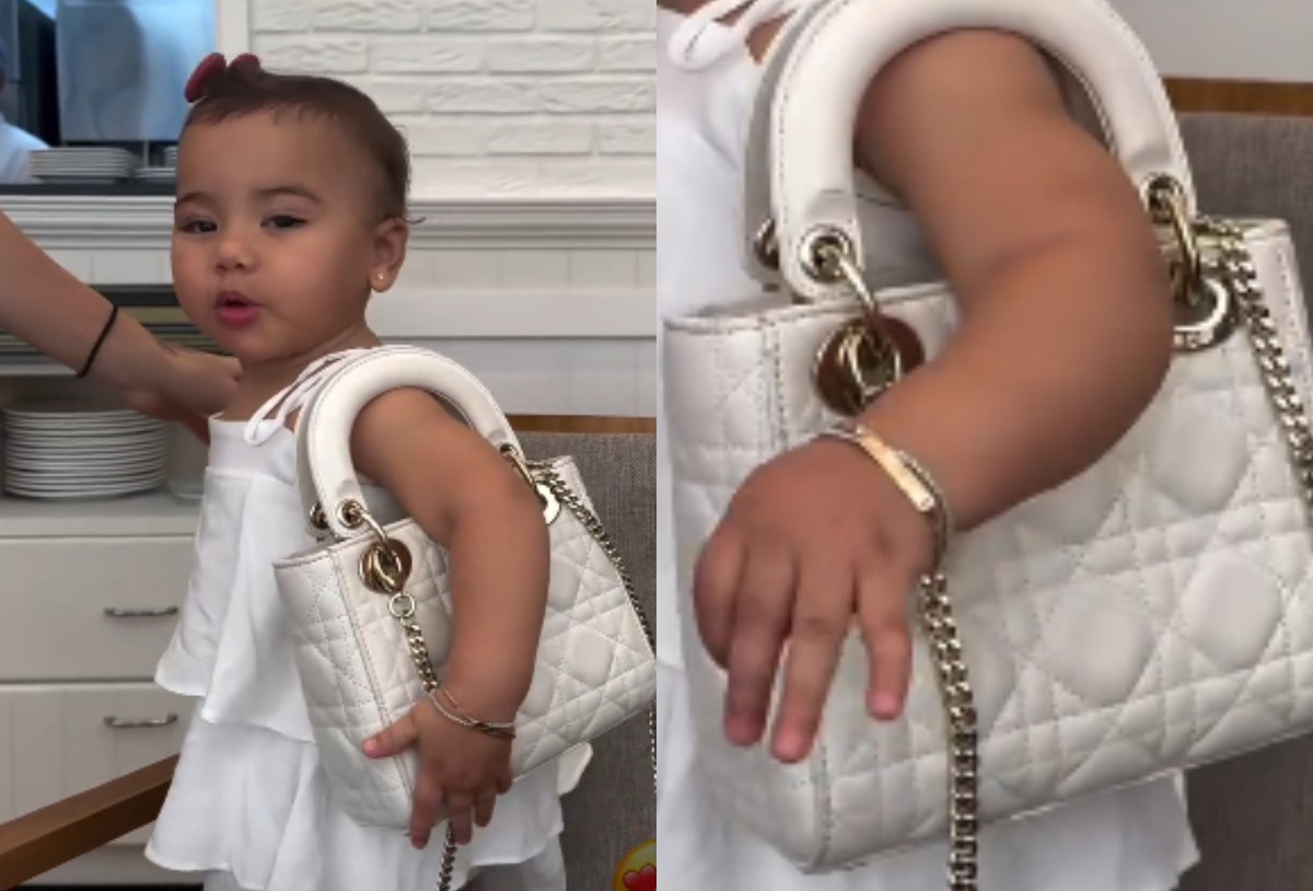 Filha de Neymar e Bruna Biancardi faz charme como bolsinha de luxo de R$ 26  mil