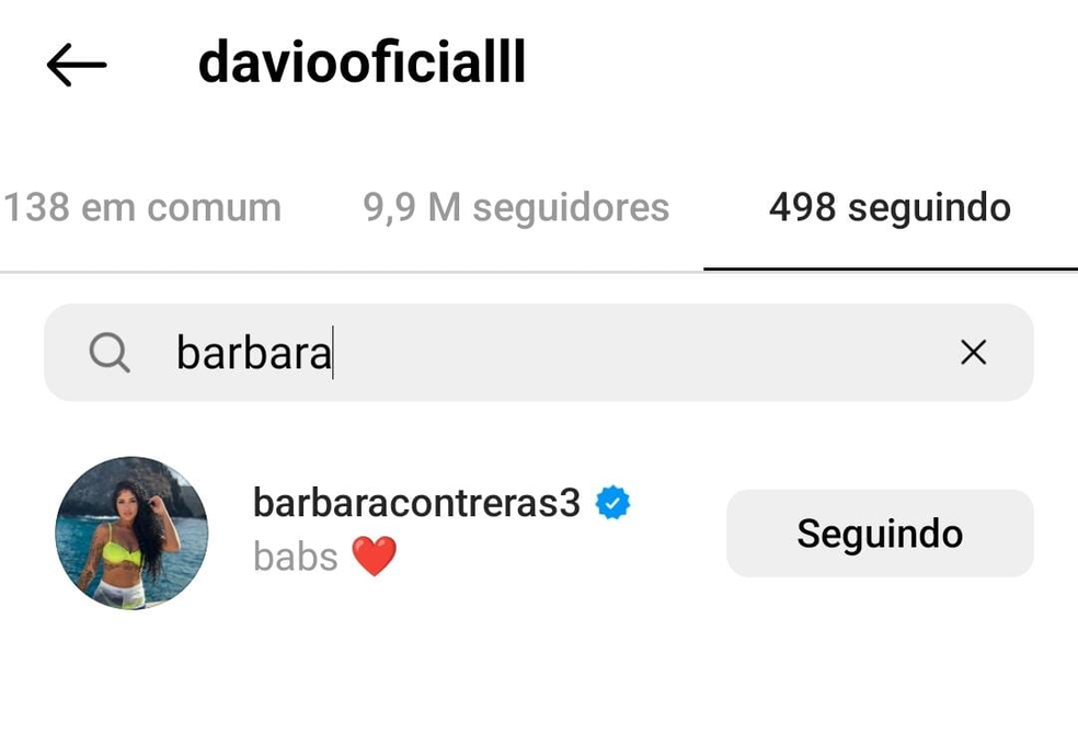 Davi, do BBB 24, segue Bárbara Contreras no Instagram — Foto: Reprodução/Instagram