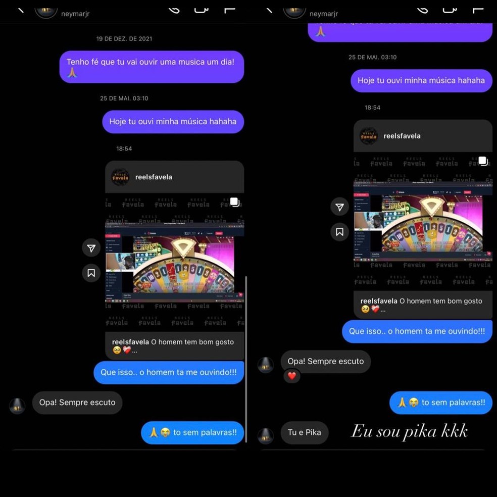 Neymar faz live com hit de MC Cabelinho, que comemora e mostra troca de  mensagens com o jogador