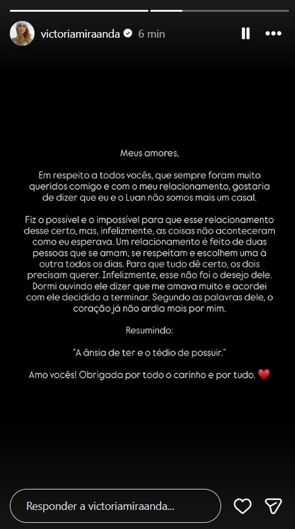 Story de Victória Miranda — Foto: Reprodução/Instagram