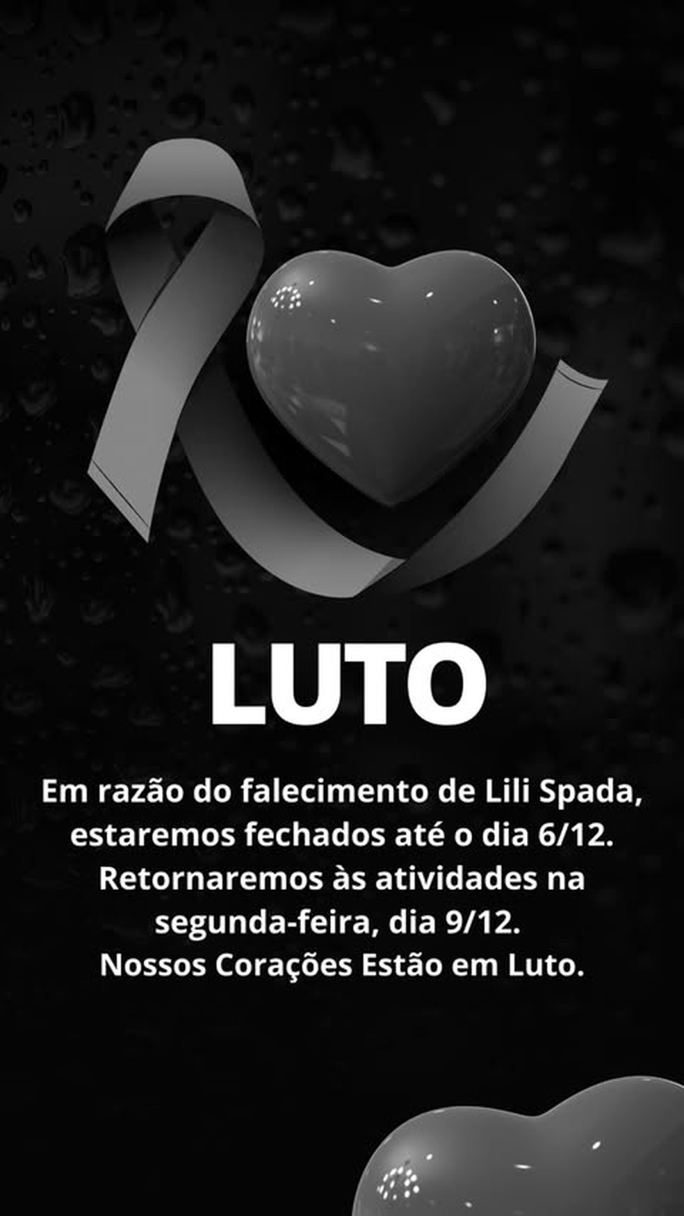 Centro Brasileiro de Hidrolipo lamenta morte de Lili Spada — Foto: Reprodução/Instagram