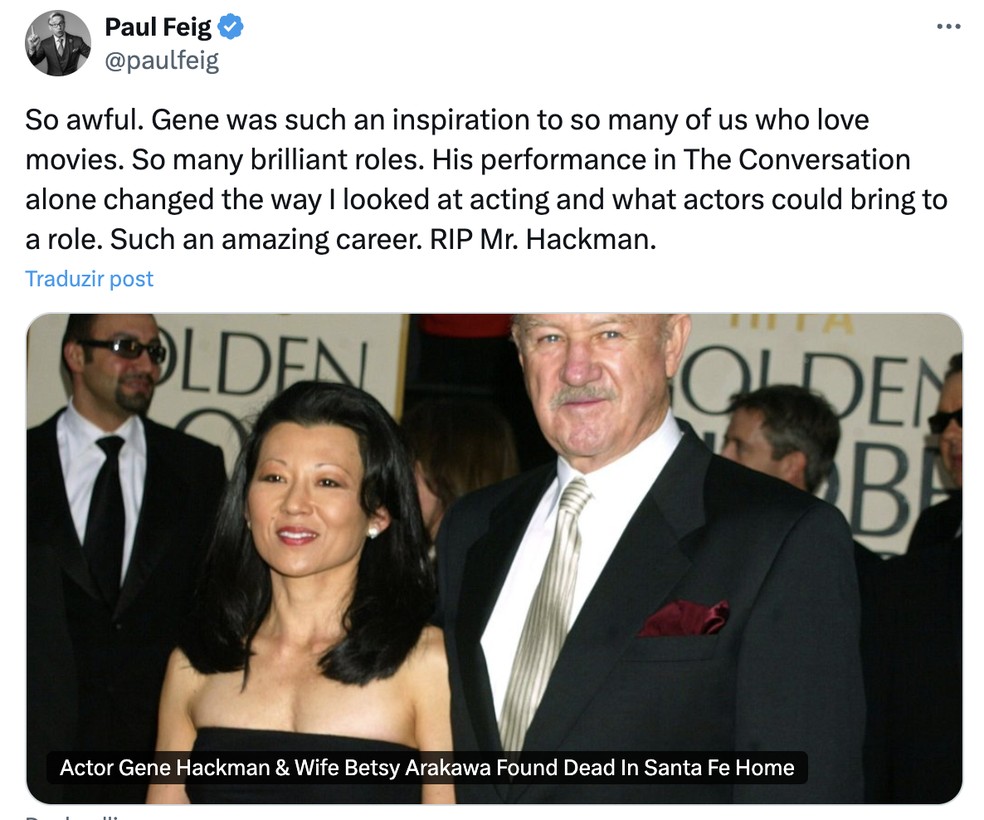 Paul Feig lamentou a morte de Gene Hackman — Foto: Reprodução/X